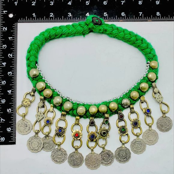 Green Choker Necklace, Vintage Coins Choker Necklace, Tribal Boho Necklace - Picture 5 of 6
